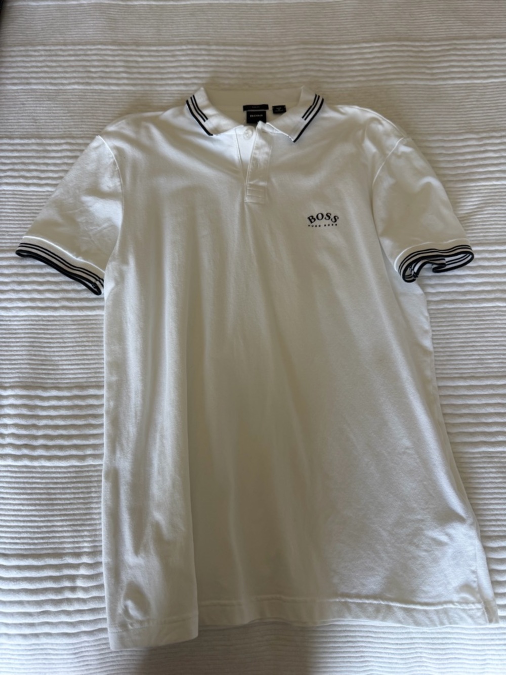 BOSS White Polo with Black Collar Stripes